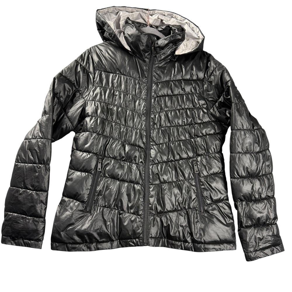 KENNETH COLE Women Jacket XL Black Glossy Hooded  Quilted Full Zip‎ Lightweight